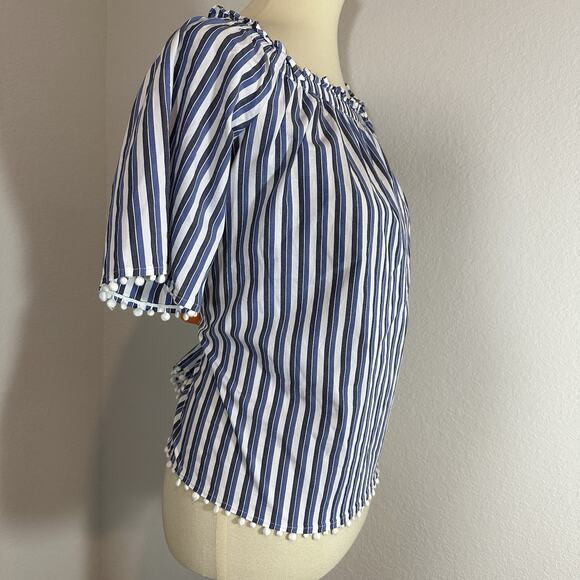 Trina Turk Small Top Sleeveless Blouse Blue Striped Preppy Coastal Poms Coastal - Picture 5 of 12